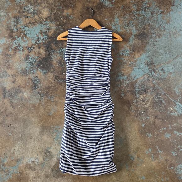 Boden Breton Striped V Neck Sheath Dress Size 4 Ruched White Blue Fitted Stretch - Picture 6 of 6